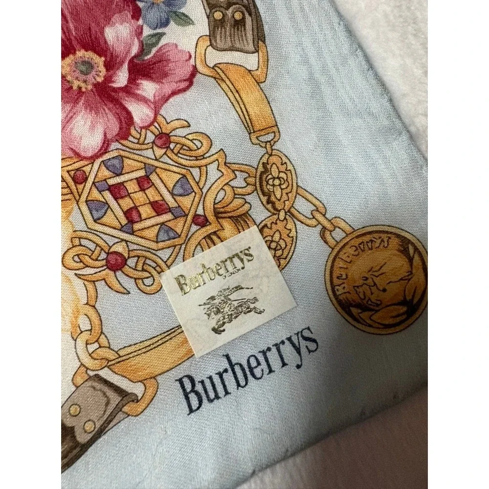 Vtg BURBERRYS Scarf Handkerchief Floral Bridle Chain Cotton Blue 21
